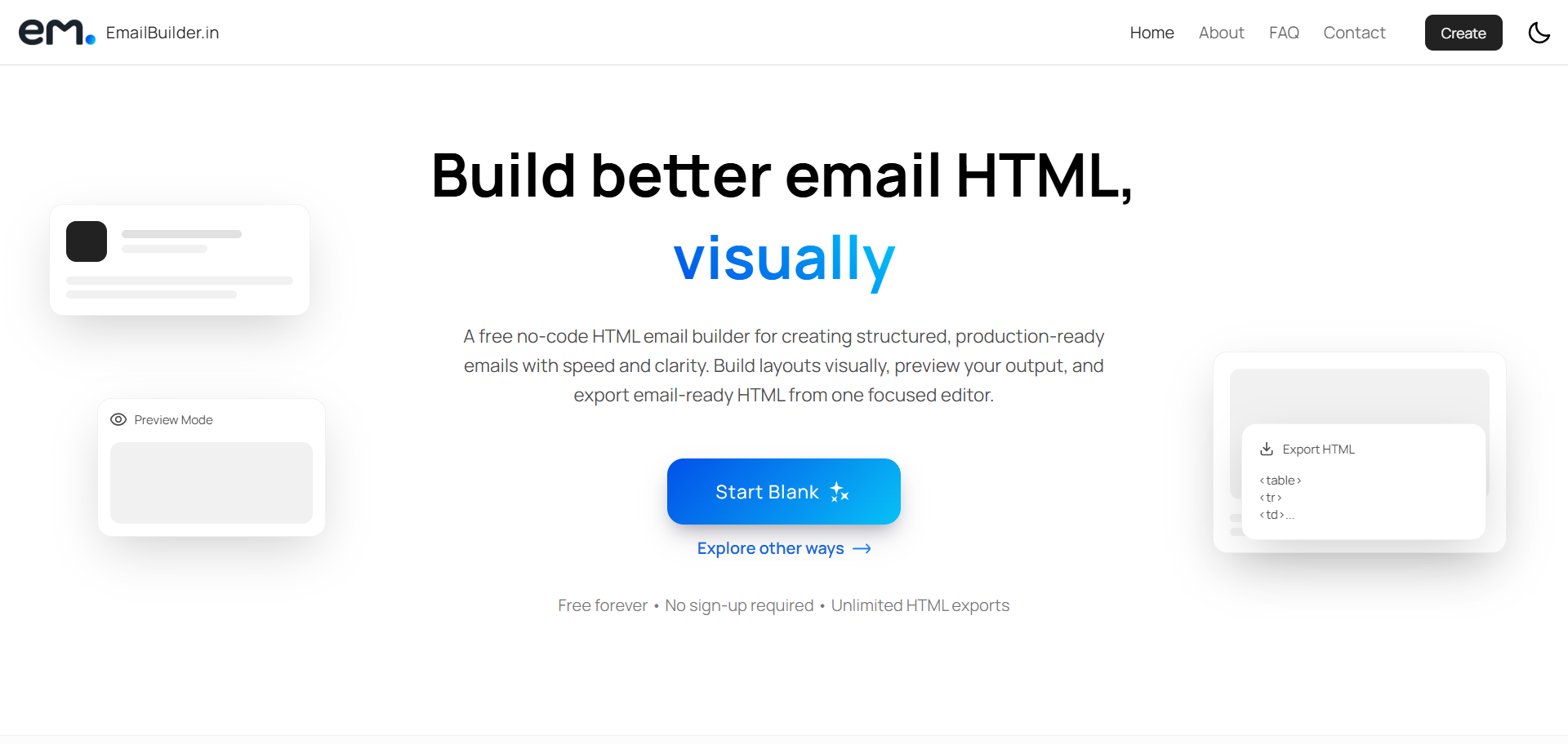 EmailBuilder.in landing page for the visual HTML email builder.