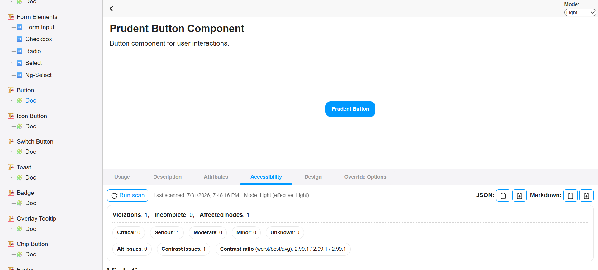 CodeBook Button component Accessibility tab showing scan controls and a contrast-violation summary.