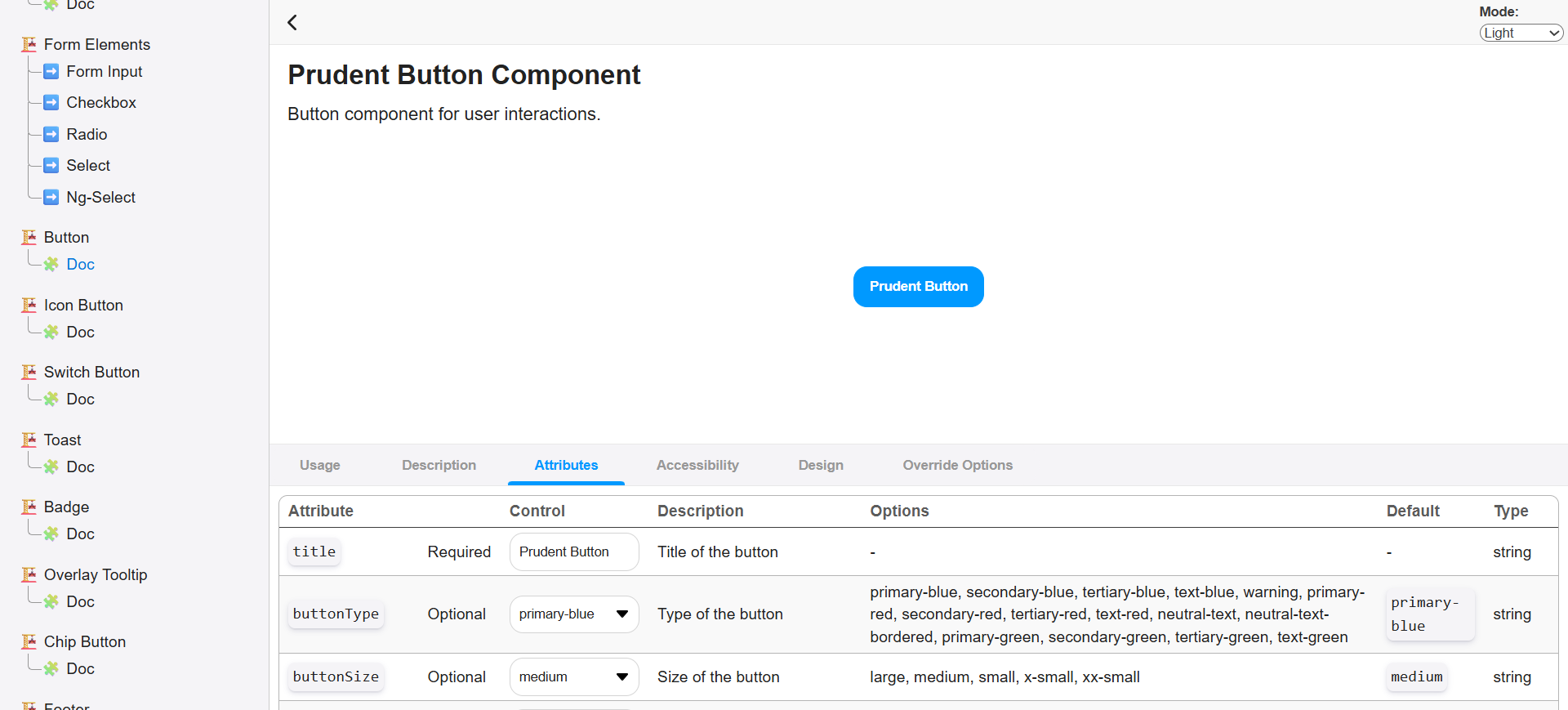 CodeBook Button component Attributes tab listing controls, descriptions, options, defaults, and types.