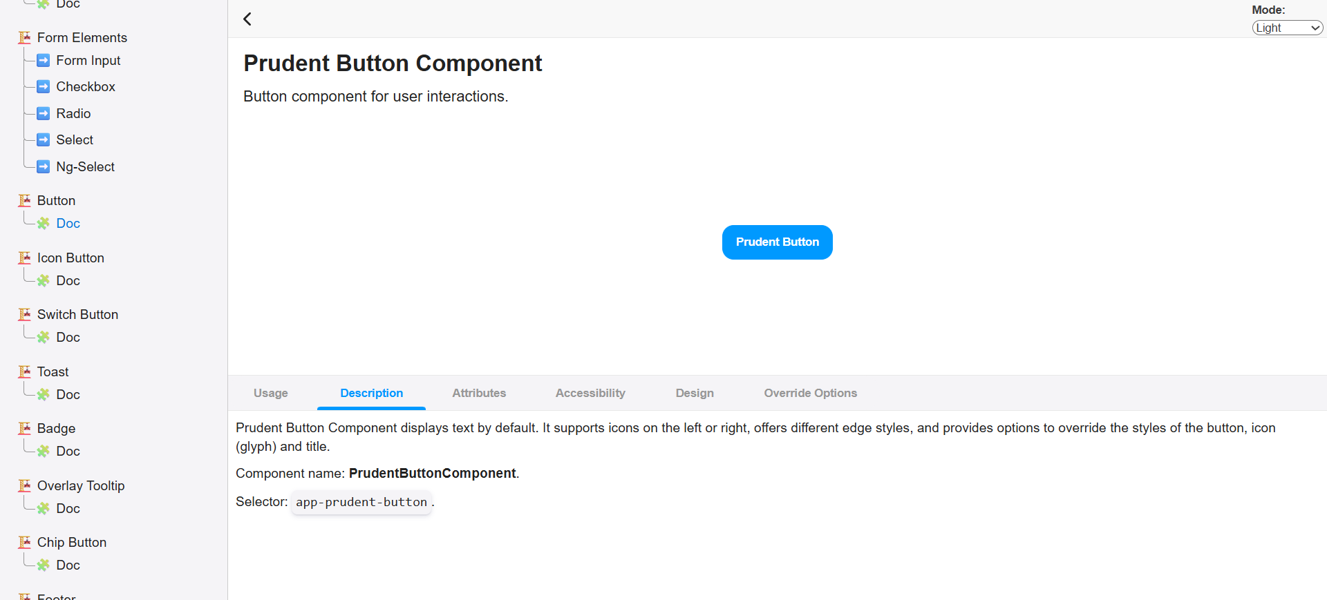 CodeBook Button component Description tab explaining the component behaviour and selector.