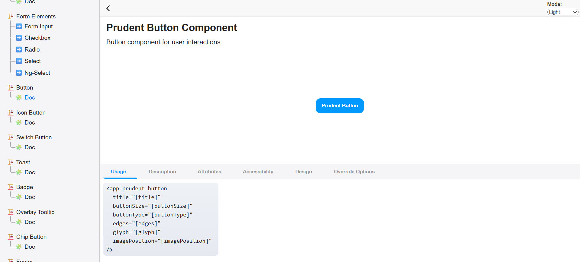 CodeBook Button component page with a live Prudent Button preview and Usage code example.